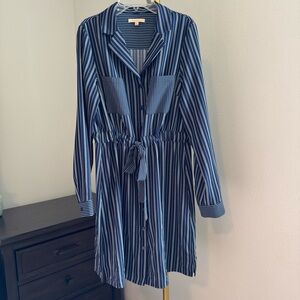 Skies Are Blue Navy & White Striped Long Sleeve Button Up Dress - Medium